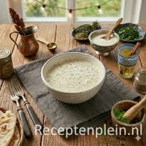 Afghaanse saladedressing op een rustieke houten tafel.