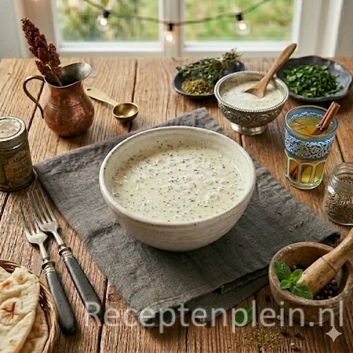 Afghaanse saladedressing op een rustieke houten tafel.