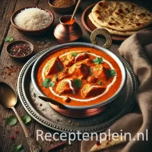 Hyper-realistische foodfoto van boterkip in een koperen serveerschaal op een rustieke houten tafel. De romige tomaat-oranje saus met malse kipstukken is afgewerkt met een swirl van room en verse koriander, met subtiele stoom die opstijgt. Naast de schaal liggen warme naanbroden en een kom basmatirijst. Op tafel liggen specerijen, een lepel en een linnen doek, warm en sfeervol belicht in een rijke, authentieke Indiase setting.
