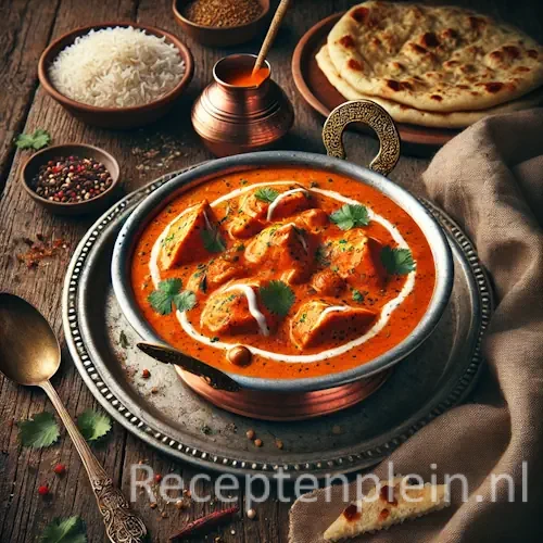 Hyper-realistische foodfoto van boterkip in een koperen serveerschaal op een rustieke houten tafel. De romige tomaat-oranje saus met malse kipstukken is afgewerkt met een swirl van room en verse koriander, met subtiele stoom die opstijgt. Naast de schaal liggen warme naanbroden en een kom basmatirijst. Op tafel liggen specerijen, een lepel en een linnen doek, warm en sfeervol belicht in een rijke, authentieke Indiase setting.