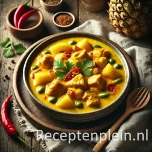 Hyperrealistische foodfoto van een romige goudgele curry met malse stukjes kip en sappige blokjes ananas, geserveerd in een licht onregelmatige keramische kom op een rustieke houten tafel. In de saus zijn rode paprika en groene groenten zichtbaar, losjes gegarneerd met koriander en rode chili. Naast de kom liggen een nonchalant gevouwen linnen servet, een houten lepel en een halve ananas in zacht diffuus daglicht met natuurlijke, ongelijkmatige schaduwen.