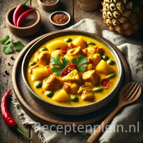 Hyperrealistische foodfoto van een romige goudgele curry met malse stukjes kip en sappige blokjes ananas, geserveerd in een licht onregelmatige keramische kom op een rustieke houten tafel. In de saus zijn rode paprika en groene groenten zichtbaar, losjes gegarneerd met koriander en rode chili. Naast de kom liggen een nonchalant gevouwen linnen servet, een houten lepel en een halve ananas in zacht diffuus daglicht met natuurlijke, ongelijkmatige schaduwen.
