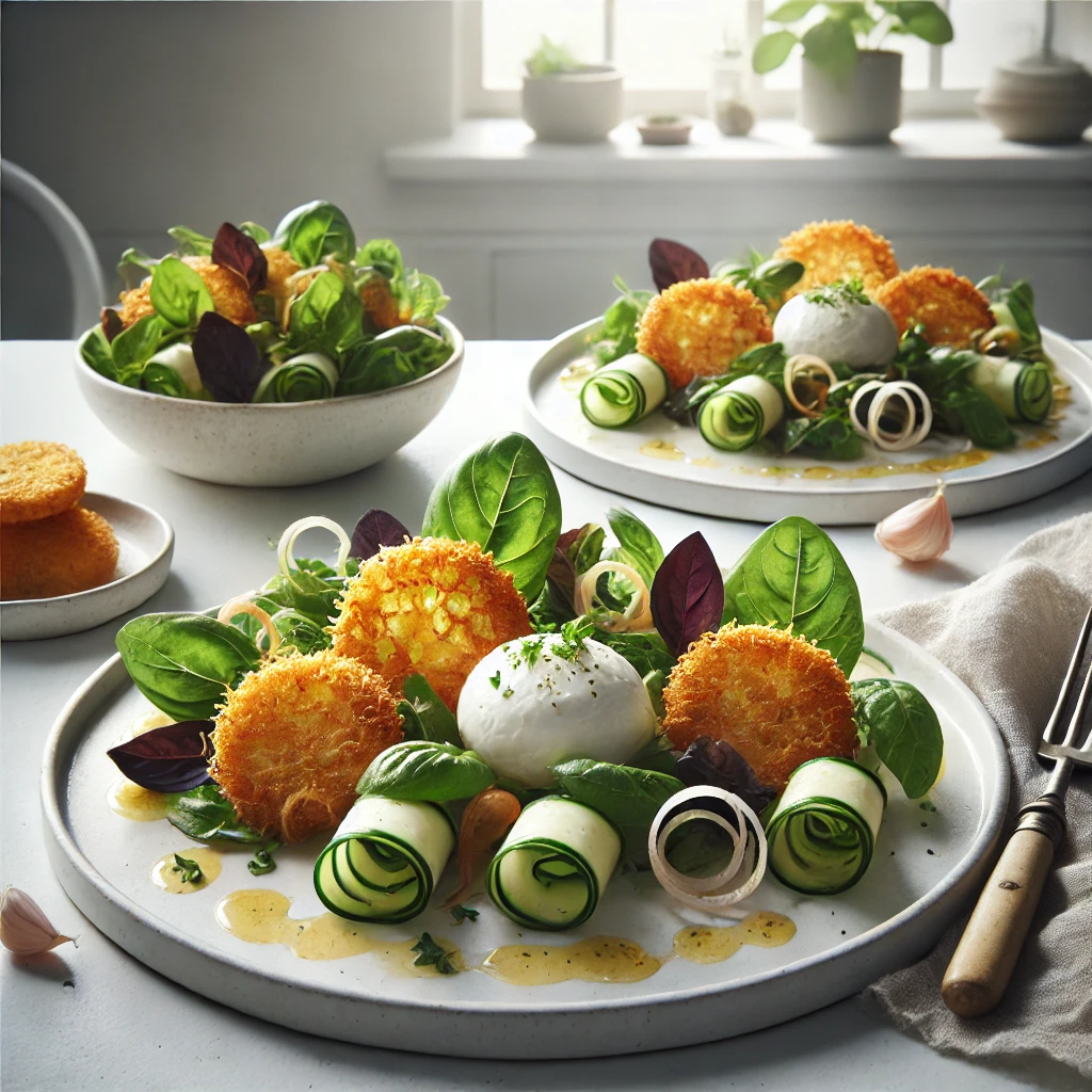 Frisse Salade met Röstirondjes, Romige Burrata en Basilicum Vinaigrette