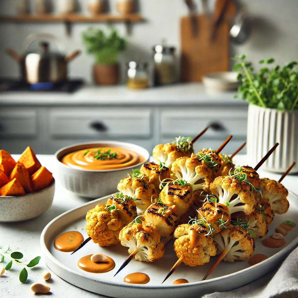 Gegrilde Bloemkoolsaté met Pittige Thaise Satésaus en Zoete Aardappelblokjes