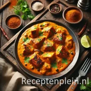 Kip tikka masala in romige kruidige saus op rustieke houten tafel.