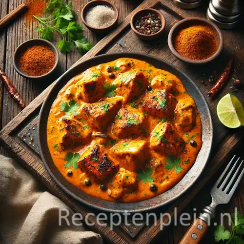 Kip tikka masala in romige kruidige saus op rustieke houten tafel.