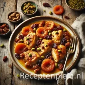 Kip met abrikozen op rustieke houten tafel