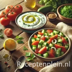 Salata en maast met frisse salade en yoghurt op een rustieke houten tafel