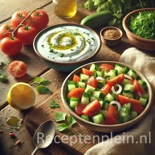 Salata en maast met frisse salade en yoghurt op een rustieke houten tafel