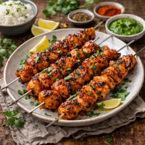 Tikka kipspitjes met kruidige marinade en citroen op rustieke houten tafel