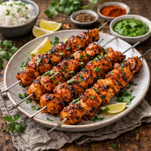 Tikka kipspitjes met kruidige marinade en citroen op rustieke houten tafel