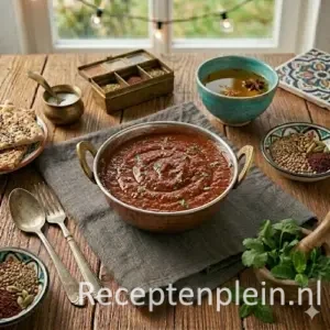 Afghaanse qormasaus op een rustieke houten tafel.
