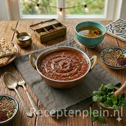 Afghaanse qormasaus op een rustieke houten tafel.