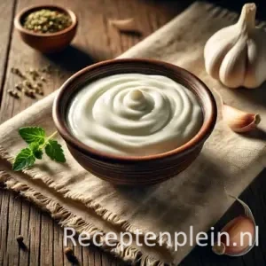 Afghaanse yoghurtsaus met munt en knoflook op een rustieke houten tafel