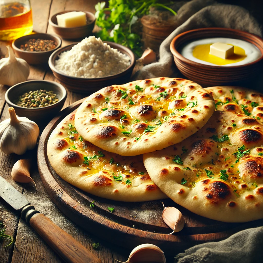 Versgebakken naanbrood met knoflook en koriander, goudbruin met lichte grillstrepen, geserveerd op een houten plank met boter, yoghurt en verse kruiden.