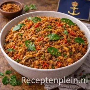 Abon ajam, Indonesisch gekruid draadjeskipgerecht met knapperige uitjes, rode peper en limoenblad in een keramische kom, geserveerd op een rustieke houten tafel met verse kruiden en een linnen doek bij warm natuurlijk licht.