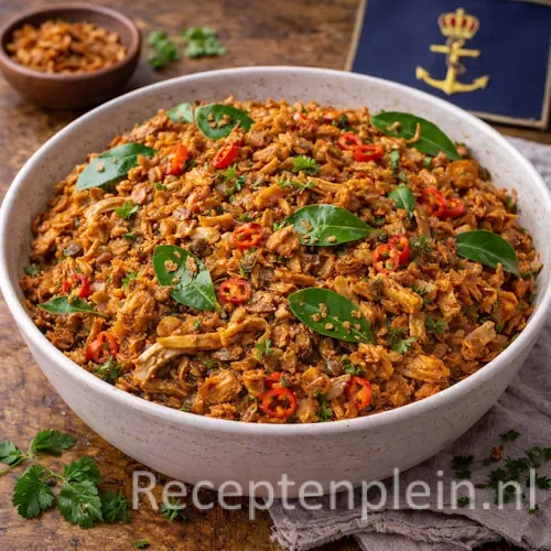 Abon ajam, Indonesisch gekruid draadjeskipgerecht met knapperige uitjes, rode peper en limoenblad in een keramische kom, geserveerd op een rustieke houten tafel met verse kruiden en een linnen doek bij warm natuurlijk licht.