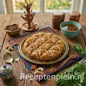 Afghaanse baklava op een rustieke houten tafel.