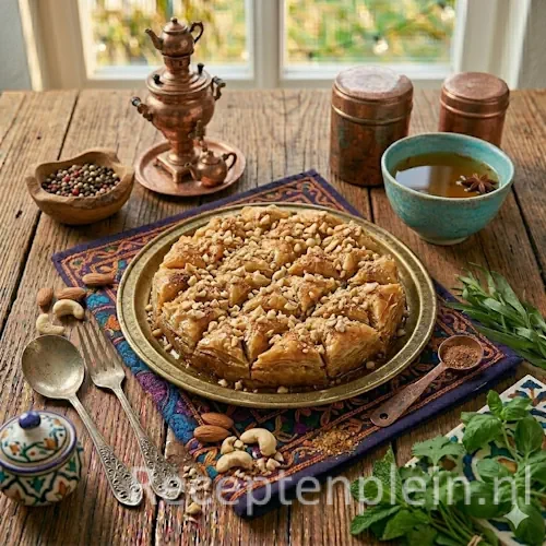 Afghaanse baklava op een rustieke houten tafel.