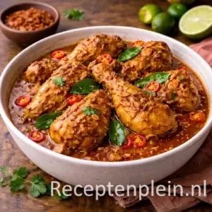 Ajam boemboe roedjak met malse kip in een kruidige roodbruine saus, gegarneerd met rode peper en limoenblad, geserveerd in een brede keramische schaal op een rustieke houten tafel met verse kruiden en een linnen doek bij warm natuurlijk licht.