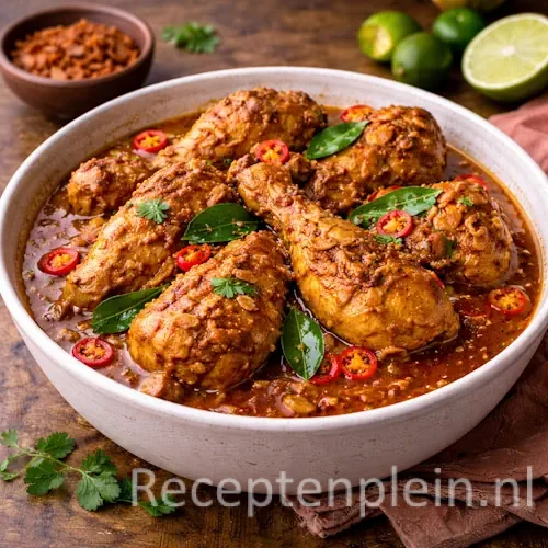 Ajam boemboe roedjak met malse kip in een kruidige roodbruine saus, gegarneerd met rode peper en limoenblad, geserveerd in een brede keramische schaal op een rustieke houten tafel met verse kruiden en een linnen doek bij warm natuurlijk licht.