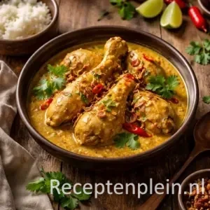 Hyperrealistische voedselfoto van Ajam Goelai in een rustieke bruine keramische schaal op een houten tafel, met vier gestoofde kippenbouten in romige gele kokos-currysaus, gegarneerd met krokante gebakken sjalotjes, dunne plakjes rode chili en verse koriander, met op de achtergrond een kommetje witte rijst, partjes limoen, een houten lepel en een linnen doek in warm natuurlijk licht.