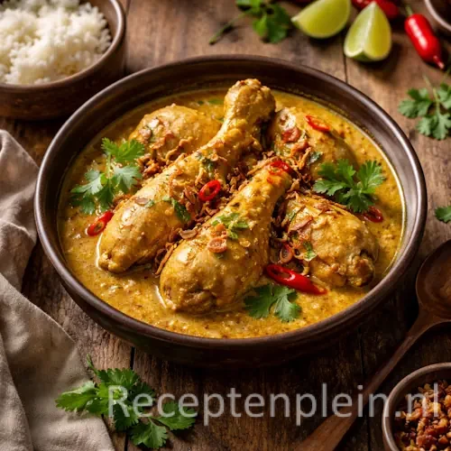 Hyperrealistische voedselfoto van Ajam Goelai in een rustieke bruine keramische schaal op een houten tafel, met vier gestoofde kippenbouten in romige gele kokos-currysaus, gegarneerd met krokante gebakken sjalotjes, dunne plakjes rode chili en verse koriander, met op de achtergrond een kommetje witte rijst, partjes limoen, een houten lepel en een linnen doek in warm natuurlijk licht.
