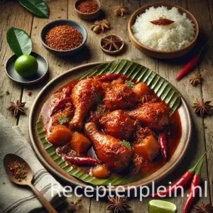 Hyper-realistische foodfoto van Ajam Makasar: kipstukken in een rijke roodbruine kruidige saus geserveerd op een ovale keramische schaal met bananenblad, geplaatst op een rustieke houten tafel. De compositie is licht uitgezoomd en van bovenaf gefotografeerd, waardoor de houtstructuur duidelijk zichtbaar is. De kip glanst van de saus en is gegarneerd met rode chilipepers en gebakken uitjes. Rondom staan een kom witte rijst, limoenpartjes, specerijen en een linnen doek, verlicht met warm natuurlijk daglicht voor een frisse premium food magazine uitstraling.