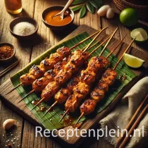 Natuurgetrouwe foodfoto van Ajam sapit, gegrilde kipspiesjes op platte bamboestokjes, geserveerd op een houten plank met bananenblad op een rustieke houten tafel. De kip is goudbruin geroosterd met lichte grillstrepen en een dunne, gekaramelliseerde kruidenlaag. Ernaast staan een schaaltje pindasaus, partjes limoen en gesnipperde sjalot. Gefotografeerd in warm namiddaglicht met zachte schaduwen en een authentieke streetfood-uitstraling.