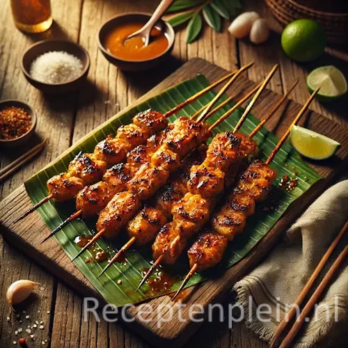 Natuurgetrouwe foodfoto van Ajam sapit, gegrilde kipspiesjes op platte bamboestokjes, geserveerd op een houten plank met bananenblad op een rustieke houten tafel. De kip is goudbruin geroosterd met lichte grillstrepen en een dunne, gekaramelliseerde kruidenlaag. Ernaast staan een schaaltje pindasaus, partjes limoen en gesnipperde sjalot. Gefotografeerd in warm namiddaglicht met zachte schaduwen en een authentieke streetfood-uitstraling.