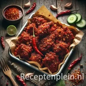 Natuurgetrouwe foodfoto van Ajam Setan 2, krokant gefrituurde kip rijkelijk bedekt met een dikke, donkerrode sambalpasta met chilivlokken en stukjes gebakken knoflook. De kip ligt in een ondiepe metalen streetfood-schaal bekleed met vetvlekkerig bakpapier op een rustieke houten tafel. Rondom liggen verse rode pepers, partjes limoen en plakjes komkommer. Gefotografeerd in helder natuurlijk daglicht met een casual streetfood-uitstraling en zichtbare kruimels en chiliresten op tafel.