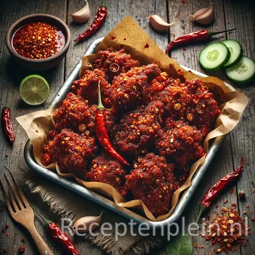 Natuurgetrouwe foodfoto van Ajam Setan 2, krokant gefrituurde kip rijkelijk bedekt met een dikke, donkerrode sambalpasta met chilivlokken en stukjes gebakken knoflook. De kip ligt in een ondiepe metalen streetfood-schaal bekleed met vetvlekkerig bakpapier op een rustieke houten tafel. Rondom liggen verse rode pepers, partjes limoen en plakjes komkommer. Gefotografeerd in helder natuurlijk daglicht met een casual streetfood-uitstraling en zichtbare kruimels en chiliresten op tafel.