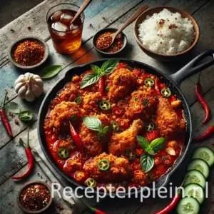 Natuurgetrouwe foodfoto van Ajam Setan 3 geserveerd in een zwarte gietijzeren pan op een rustieke houten tafel. Krokante kipstukken liggen in een grove, felrode sambal met zichtbare chilivlokken, groene peperringetjes en gebakken sjalot, waarbij de olie licht samenkomt op de bodem van de pan. Het gerecht is afgewerkt met verse basilicumblaadjes. Op de achtergrond staan een kom witte rijst, plakjes komkommer en een glas ijsthee. Gefotografeerd in zacht natuurlijk ochtendlicht met subtiele oliespetters en kruimels voor een authentieke, huiselijke uitstraling.