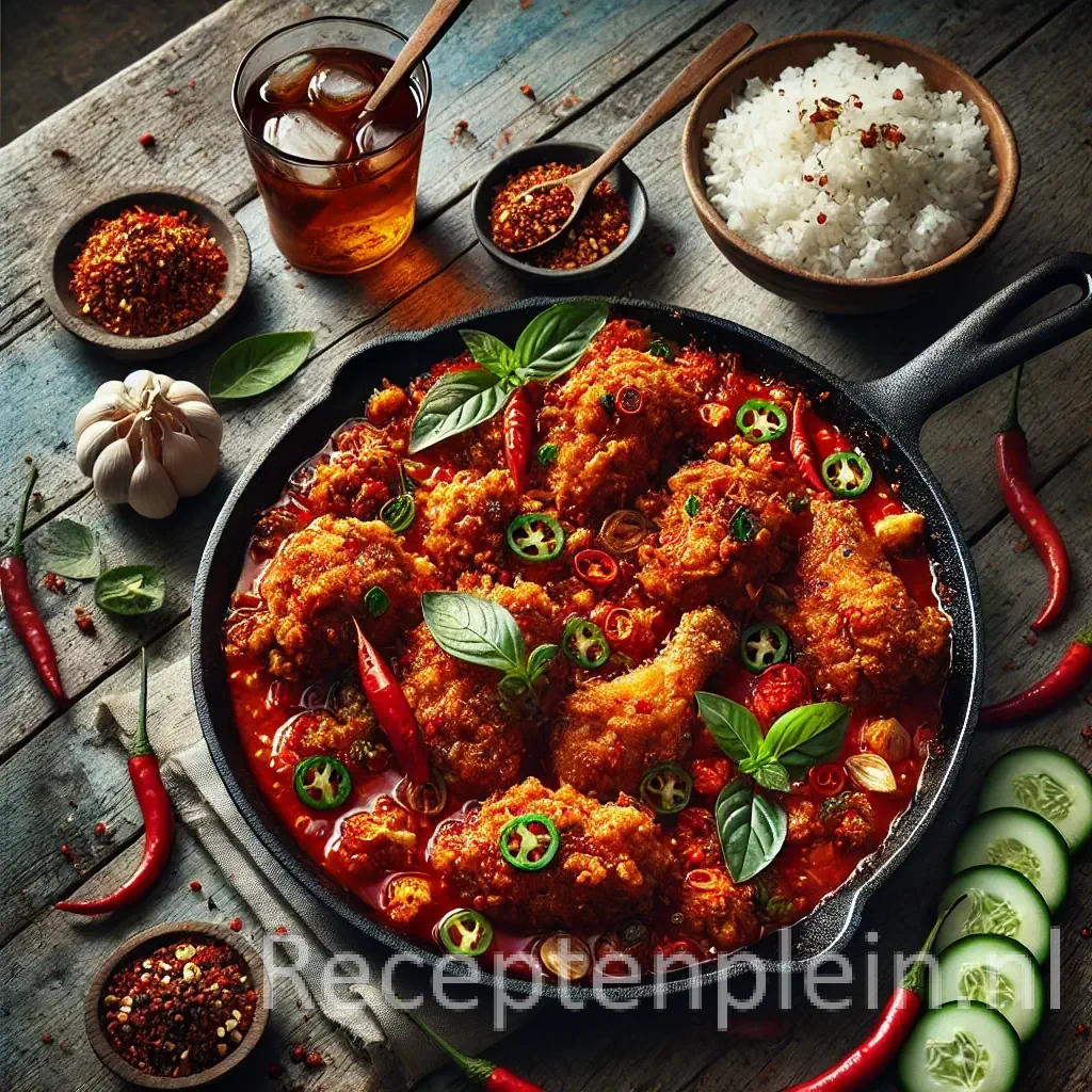 Natuurgetrouwe foodfoto van Ajam Setan 3 geserveerd in een zwarte gietijzeren pan op een rustieke houten tafel. Krokante kipstukken liggen in een grove, felrode sambal met zichtbare chilivlokken, groene peperringetjes en gebakken sjalot, waarbij de olie licht samenkomt op de bodem van de pan. Het gerecht is afgewerkt met verse basilicumblaadjes. Op de achtergrond staan een kom witte rijst, plakjes komkommer en een glas ijsthee. Gefotografeerd in zacht natuurlijk ochtendlicht met subtiele oliespetters en kruimels voor een authentieke, huiselijke uitstraling.