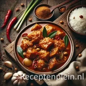 Hyper-realistische foodfoto van Ajam Taotjo: malse kipstukken in een rijke bruinoranje tauco-saus met zichtbare sojabonen, geserveerd in een ondiepe keramische schaal op een rustieke houten tafel. De compositie is licht uitgezoomd zodat de houtstructuur duidelijk zichtbaar is. De saus glanst en is gegarneerd met rode chilipepers, bosui en groene kruiden. Rondom staan een kom witte rijst, knoflooktenen, kleine schaaltjes met specerijen en een linnen doek, sfeervol belicht met warm natuurlijk zijlicht voor een authentieke premium food magazine uitstraling.