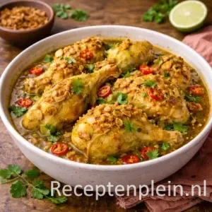 Ajam adas met malse kippenpoten in een kruidige saus met chili en verse kruiden, geserveerd in een brede keramische schaal op een rustieke houten tafel met limoen, koriander en een linnen doek bij warm natuurlijk licht.