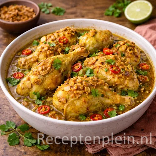 Ajam adas met malse kippenpoten in een kruidige saus met chili en verse kruiden, geserveerd in een brede keramische schaal op een rustieke houten tafel met limoen, koriander en een linnen doek bij warm natuurlijk licht.
