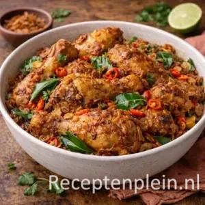 Ajam asem garem kering met goudbruin gekarameliseerde kip in een kruidige zoet-zure saus, gegarneerd met rode peper en limoenblad, geserveerd in een keramische schaal op een rustieke houten tafel met verse kruiden en een linnen doek bij warm natuurlijk licht.