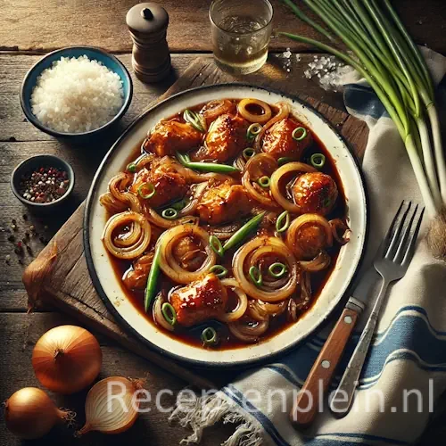 Hyper-realistische foodfoto van Ajam bawang met kipstukken in een glanzende donkerbruine sojasaus met veel gekarameliseerde uienringen, geserveerd op een ovale emaille schaal op een rustieke houten tafel. Rondom staan een kom witte rijst, hele uien, bosui, peperkorrels en eenvoudig bestek op een blauw-witte linnen doek. Warm natuurlijk daglicht benadrukt de glans van de saus en de rijke structuur van de uien voor een authentieke, premium foodmagazine uitstraling.