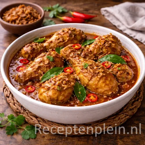 Ajam boemboe Bali met malse kip in een kruidige roodbruine saus, gegarneerd met rode peper en limoenblad, geserveerd in een keramische schaal op een gevlochten onderzetter op een rustieke houten tafel met verse kruiden bij warm natuurlijk licht.