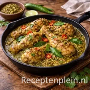 Ajam boemboe idjoe met kip in een kruidige groene chilisaus, geserveerd in een gietijzeren pan op een rustieke houten tafel met limoen, groene pepers, verse kruiden en een linnen doek bij warm natuurlijk licht.