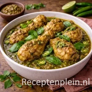 Ajam boemboe idjoe met malse kip in een kruidige groene chilisaus, gegarneerd met groene pepers en verse kruiden, geserveerd in een brede keramische schaal op een rustieke houten tafel met limoen en een linnen doek bij warm natuurlijk licht.