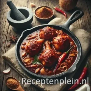 Hyper-realistische foodfoto van Ajam boemboe roedjak geserveerd in een zwarte gietijzeren pan op een rustieke houten tafel. Vier goudbruin gebakken kipstukken liggen in een dikke, gekarameliseerde roodbruine kruidensaus met zichtbare ui en specerijen. Rondom de pan liggen een vijzel met kruidenpasta, kokosnoot, kemirinoten, rode pepers en een grof linnen doek. Warm, sfeervol zijlicht benadrukt de glans van de saus en de natuurlijke houtstructuur van de tafel voor een premium foodmagazine uitstraling.