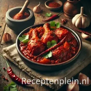Hyper-realistische foodfoto van Ajam boemboe roedjak in een donkere keramische kom op een rustieke houten tafel. De kipstukken zijn bedekt met een rijke, dieprode tomaten-chilisaus en gegarneerd met verse koriander en rode pepers. Rondom de kom liggen knoflooktenen, sjalotten, gedroogde chilipepers en een stenen vijzel met sambal. Warm natuurlijk zijlicht zorgt voor een sfeervolle, premium foodmagazine uitstraling met zichtbare houtstructuur van de tafel.