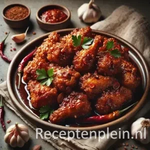 Hyper-realistische foodfoto van Ajam goreng bropol met goudbruin krokant gebakken kipstukken in een licht kleverige, kruidige bruine saus op een mat aardewerken bord. Het bord staat op een rustieke houten tafel met zichtbare houtnerf. Rondom liggen knoflookbollen, rode pepers, schaaltjes sambal en specerijen, en een grof linnen doek. Warm natuurlijk middaglicht met zachte schaduwen zorgt voor een authentieke, premium foodmagazine uitstraling.