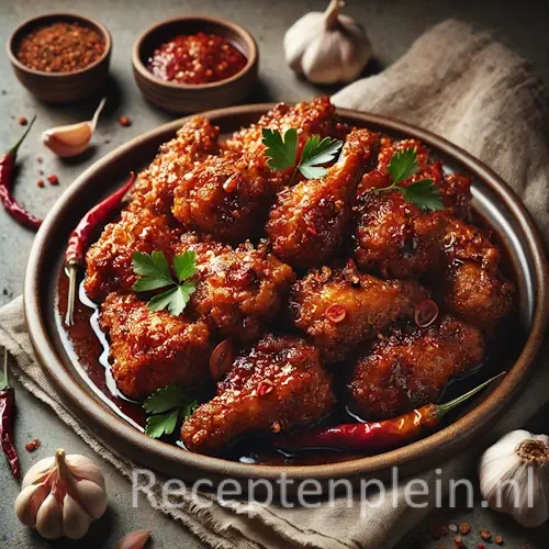 Hyper-realistische foodfoto van Ajam goreng bropol met goudbruin krokant gebakken kipstukken in een licht kleverige, kruidige bruine saus op een mat aardewerken bord. Het bord staat op een rustieke houten tafel met zichtbare houtnerf. Rondom liggen knoflookbollen, rode pepers, schaaltjes sambal en specerijen, en een grof linnen doek. Warm natuurlijk middaglicht met zachte schaduwen zorgt voor een authentieke, premium foodmagazine uitstraling.