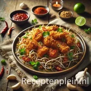 Hyper-realistische foodfoto van goudbruin krokant gebakken kip (Ajam goreng) geserveerd op een rustiek keramisch bord, royaal bedekt met knapperige taugé en plakjes rode peper. Het bord staat op een robuuste houten tafel met zichtbare houtstructuur. Rondom liggen knoflooktenen, limoen, sambal in een schaaltje, losse taugé en een linnen doek. Warm natuurlijk daglicht met zachte schaduwen zorgt voor een frisse, premium foodmagazine uitstraling.