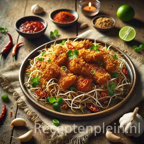 Hyper-realistische foodfoto van goudbruin krokant gebakken kip (Ajam goreng) geserveerd op een rustiek keramisch bord, royaal bedekt met knapperige taugé en plakjes rode peper. Het bord staat op een robuuste houten tafel met zichtbare houtstructuur. Rondom liggen knoflooktenen, limoen, sambal in een schaaltje, losse taugé en een linnen doek. Warm natuurlijk daglicht met zachte schaduwen zorgt voor een frisse, premium foodmagazine uitstraling.