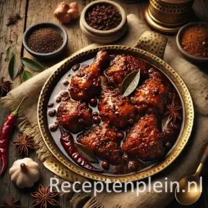 Hyper-realistische foodfoto van Ajam kelia met kipstukken in een diepe donkerbruine, rijk gekruide saus geserveerd in een gehamerde messing pan op een rustieke houten tafel. De saus heeft een glanzende, licht olieachtige structuur met zichtbare specerijen. Rondom liggen kaneelstokjes, steranijs, knoflook, sjalotten en rode pepers op een grof linnen doek. Warm, sfeervol zijlicht met sterke schaduwen zorgt voor een dramatische, premium foodmagazine uitstraling.