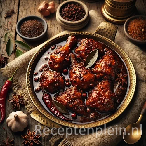 Hyper-realistische foodfoto van Ajam kelia met kipstukken in een diepe donkerbruine, rijk gekruide saus geserveerd in een gehamerde messing pan op een rustieke houten tafel. De saus heeft een glanzende, licht olieachtige structuur met zichtbare specerijen. Rondom liggen kaneelstokjes, steranijs, knoflook, sjalotten en rode pepers op een grof linnen doek. Warm, sfeervol zijlicht met sterke schaduwen zorgt voor een dramatische, premium foodmagazine uitstraling.